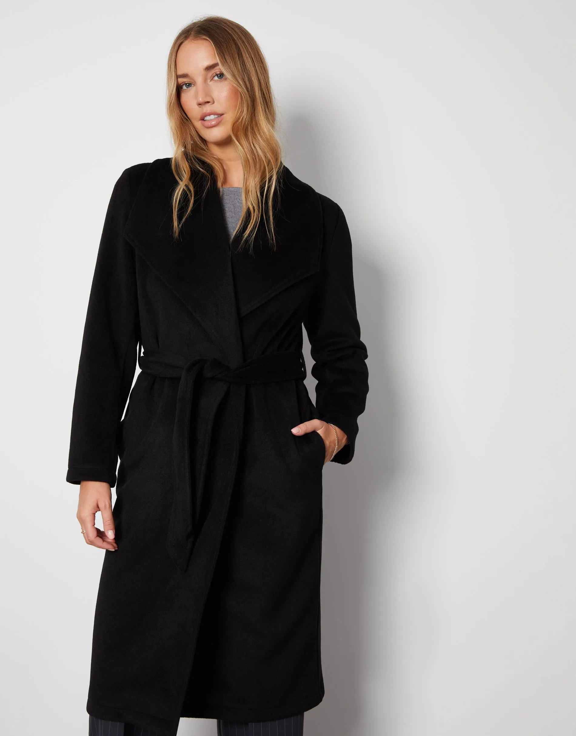 Women's Black Shawl Collar Tie Waist Formal Coat sold by Threadbare product image thumbnail 3