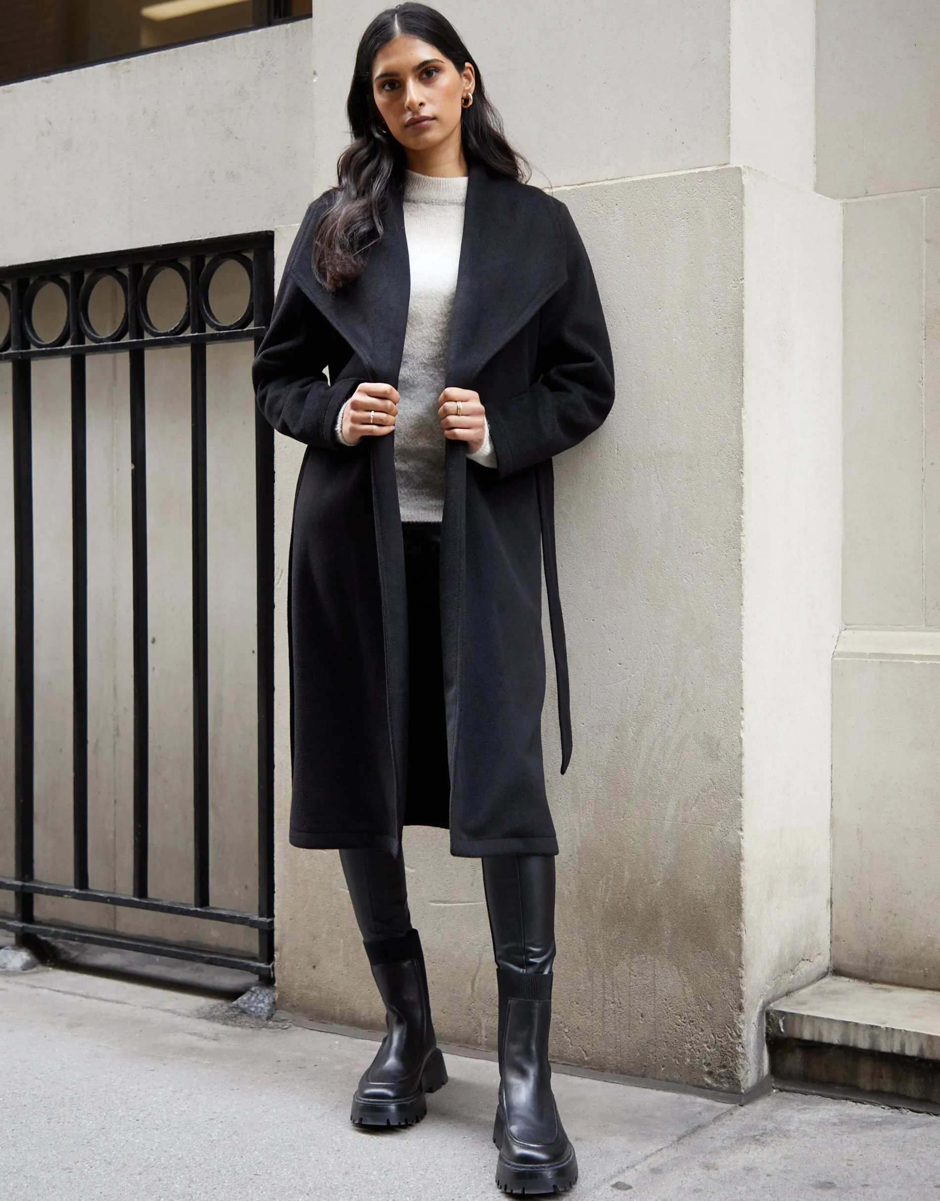 Women's Black Shawl Collar Tie Waist Formal Coat sold by Threadbare