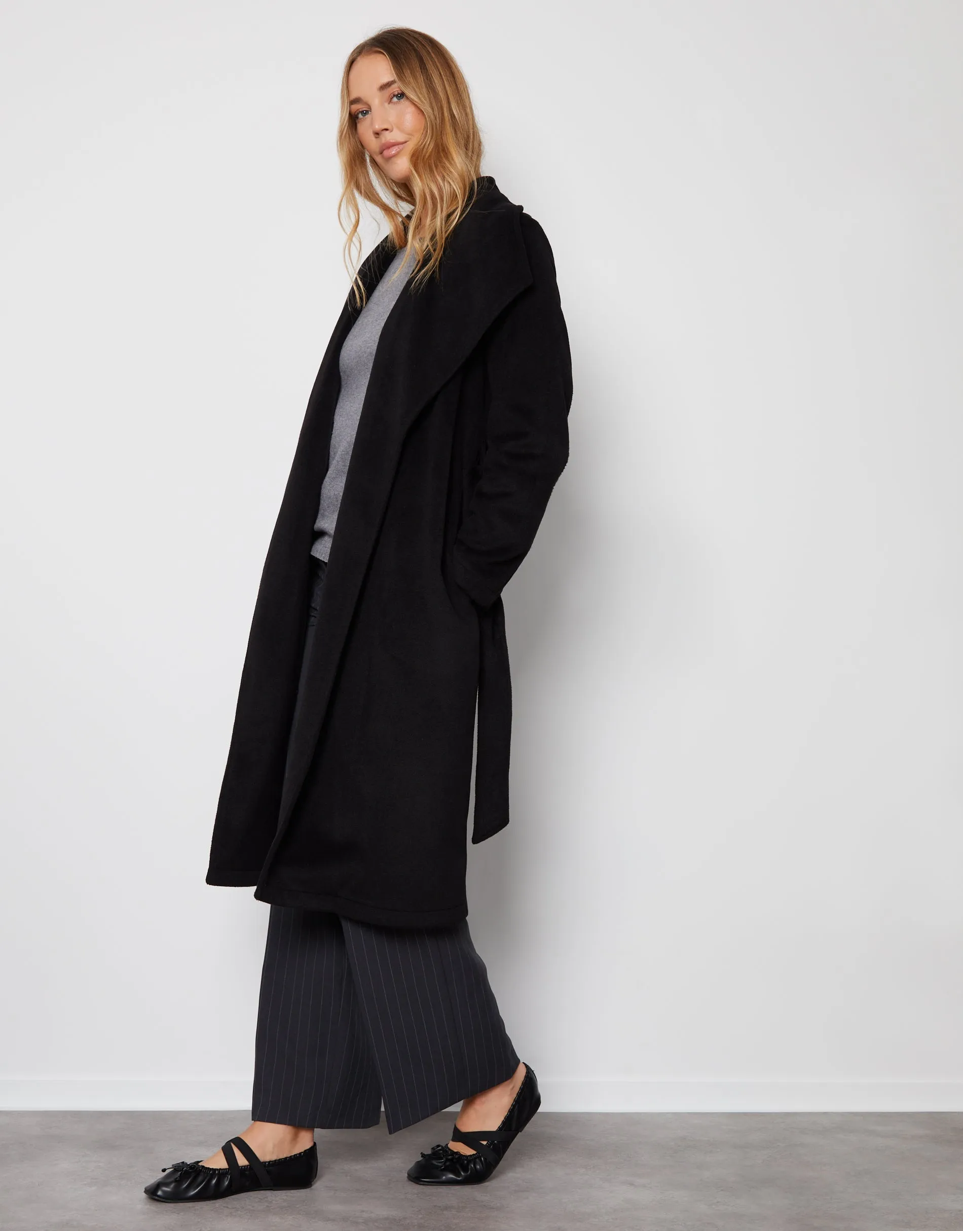 Women's Black Shawl Collar Tie Waist Formal Coat sold by Threadbare product image thumbnail 5