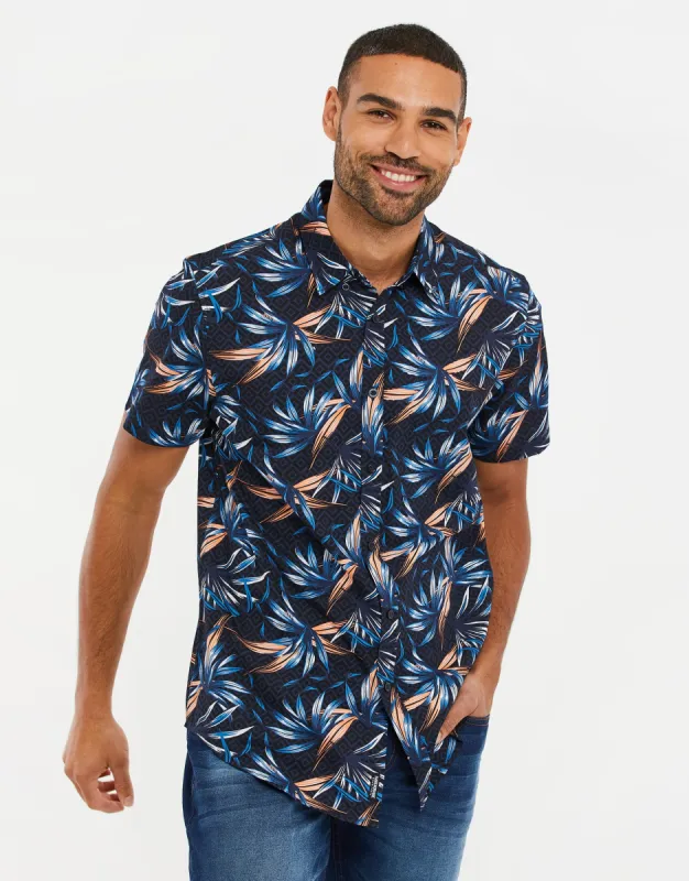 Men's Navy Palm Print Short Sleeve Shirt sold by Threadbare