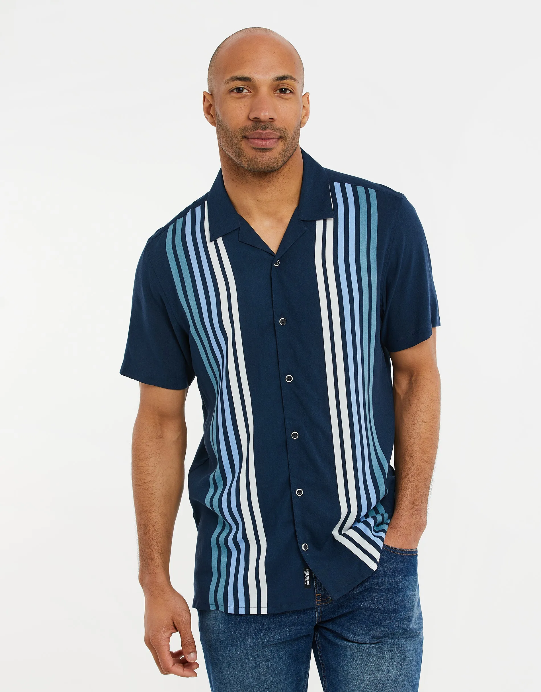 Men's Navy Striped Short Sleeve Shirt sold by Threadbare