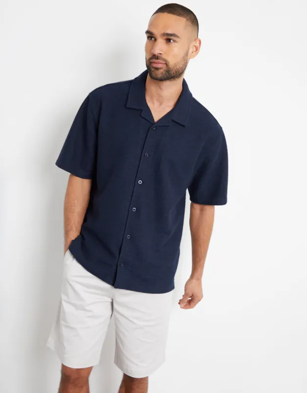 Men's Navy Textured Revere Collar Short Sleeve Shirt sold by Threadbare
