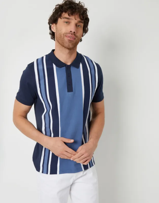 Men's Navy Colourblock Stripe Rib Collar Polo Shirt sold by Threadbare