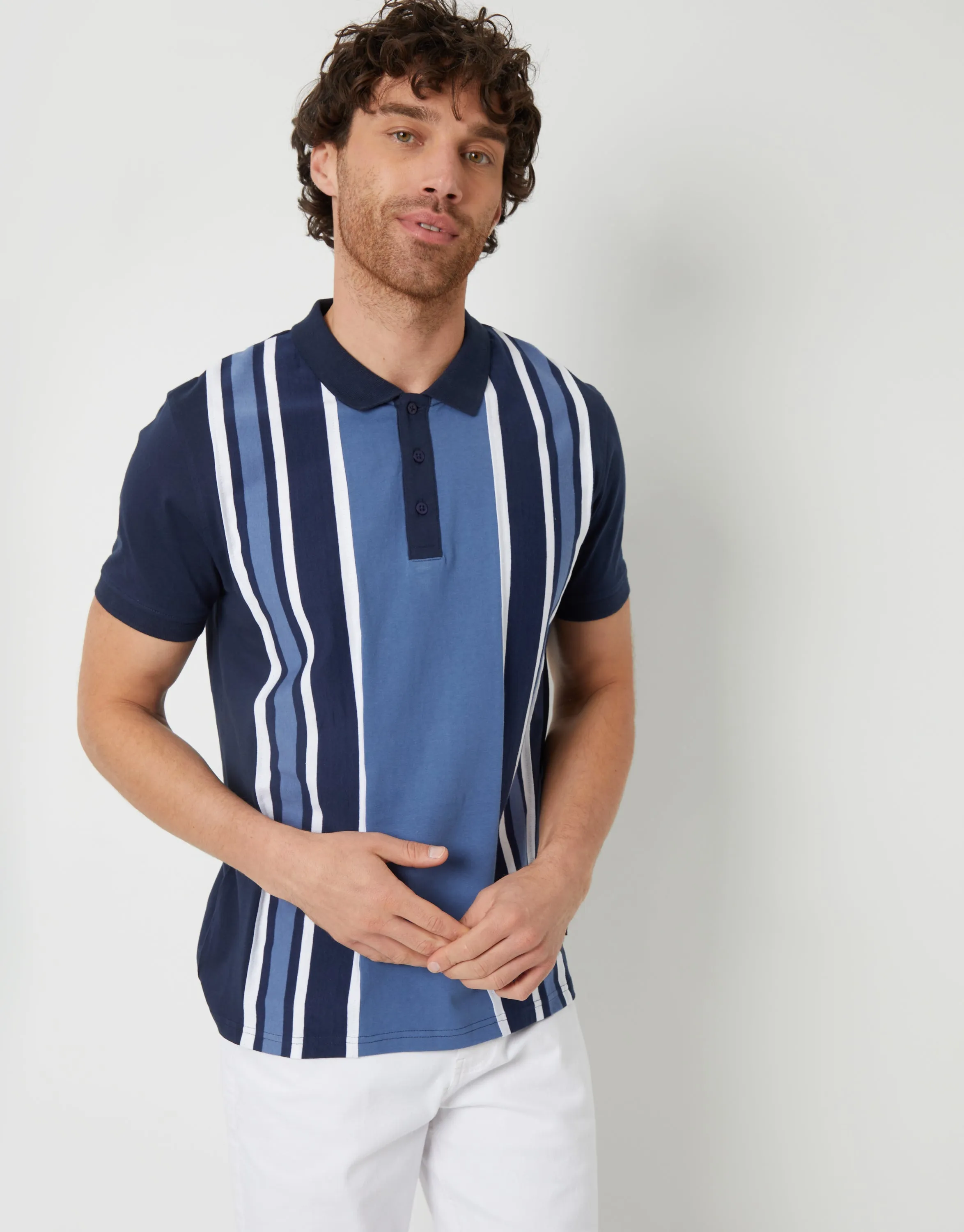 Men's Navy Colourblock Stripe Rib Collar Polo Shirt sold by Threadbare