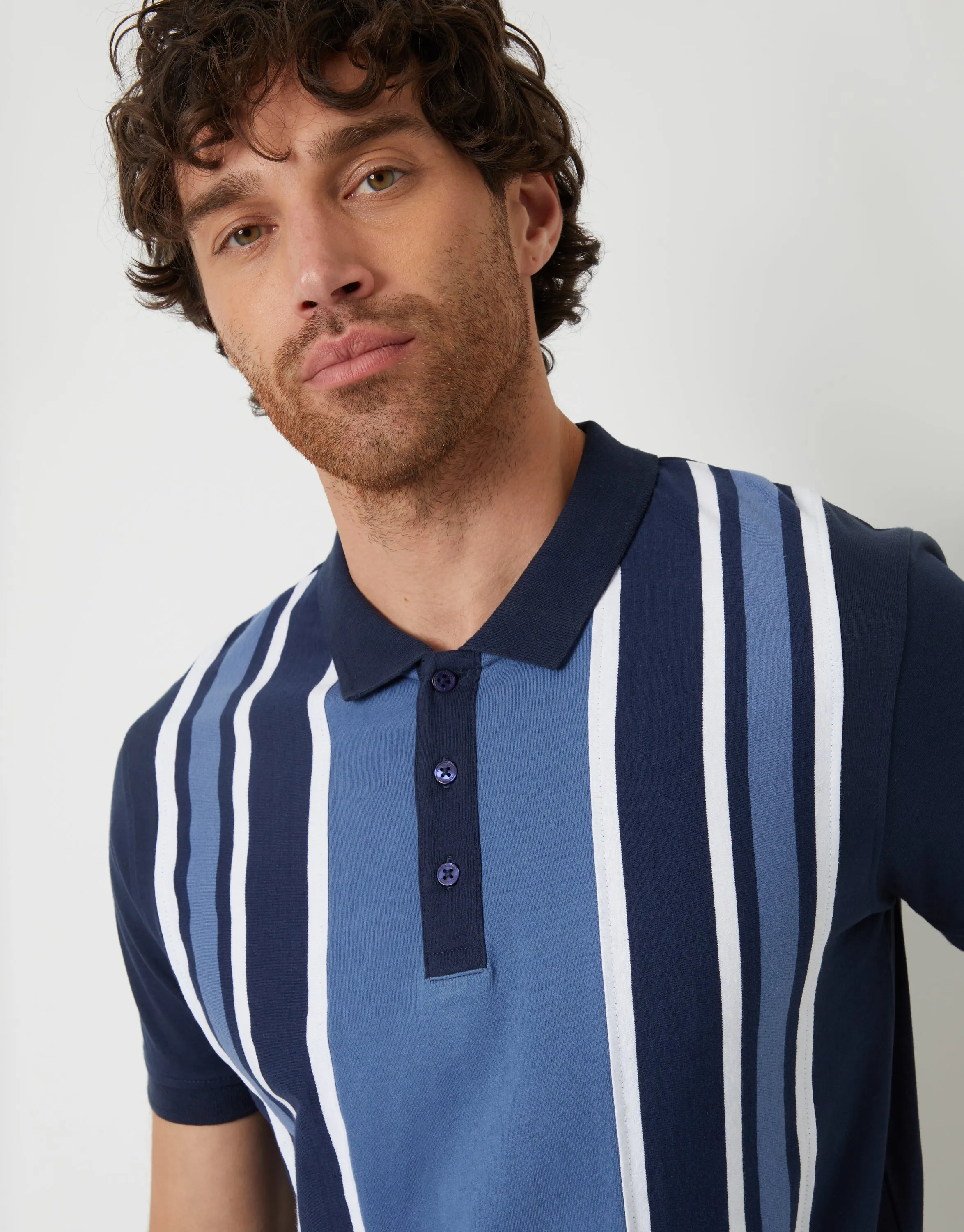 Men's Navy Colourblock Stripe Rib Collar Polo Shirt sold by Threadbare product image thumbnail 4