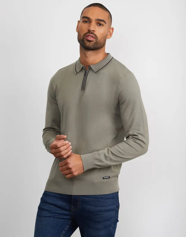 Men's Sage Quarter Zip Polo Jumper sold by Threadbare