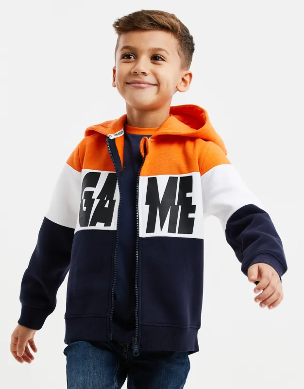 Boys' Orange Colourblock Zip Through Hoodie sold by Threadbare