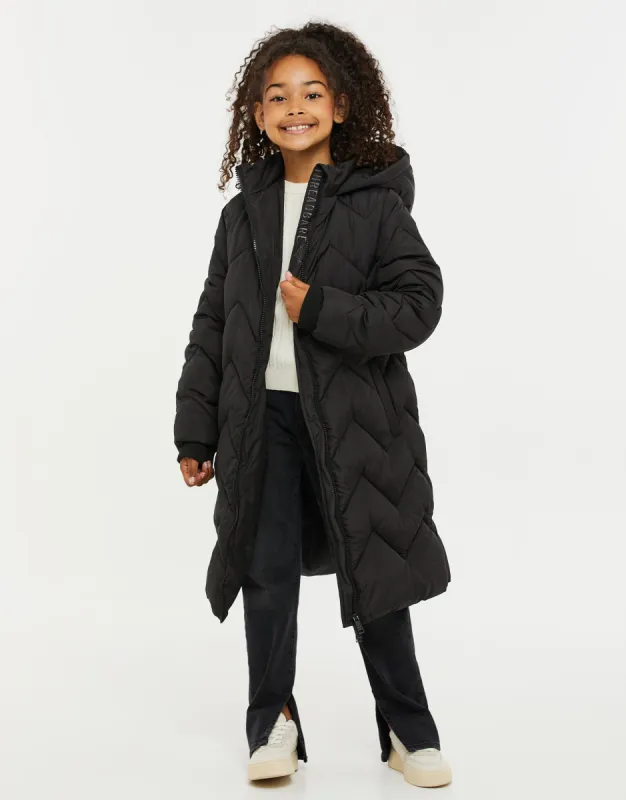 Girls' Black Longline Puffer Jacket sold by Threadbare
