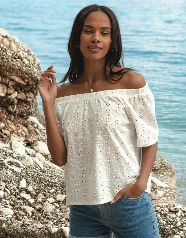 Women's White Broderie Anglaise Off The Shoulder Bardot Top sold by Threadbare