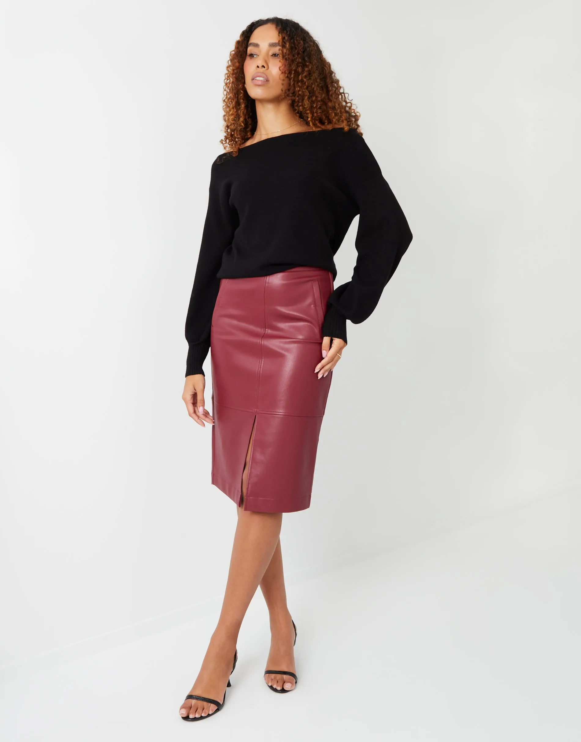 Women's Burgundy PU Front Split Midi Skirt sold by Threadbare product image thumbnail 3