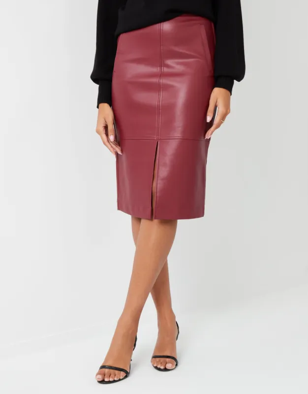 Women's Burgundy PU Front Split Midi Skirt sold by Threadbare