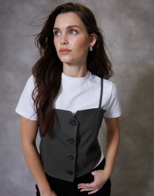 Women's Grey 2-in-1 Cami Waistcoat & White T-Shirt (2-Piece Set) made by Threadbare