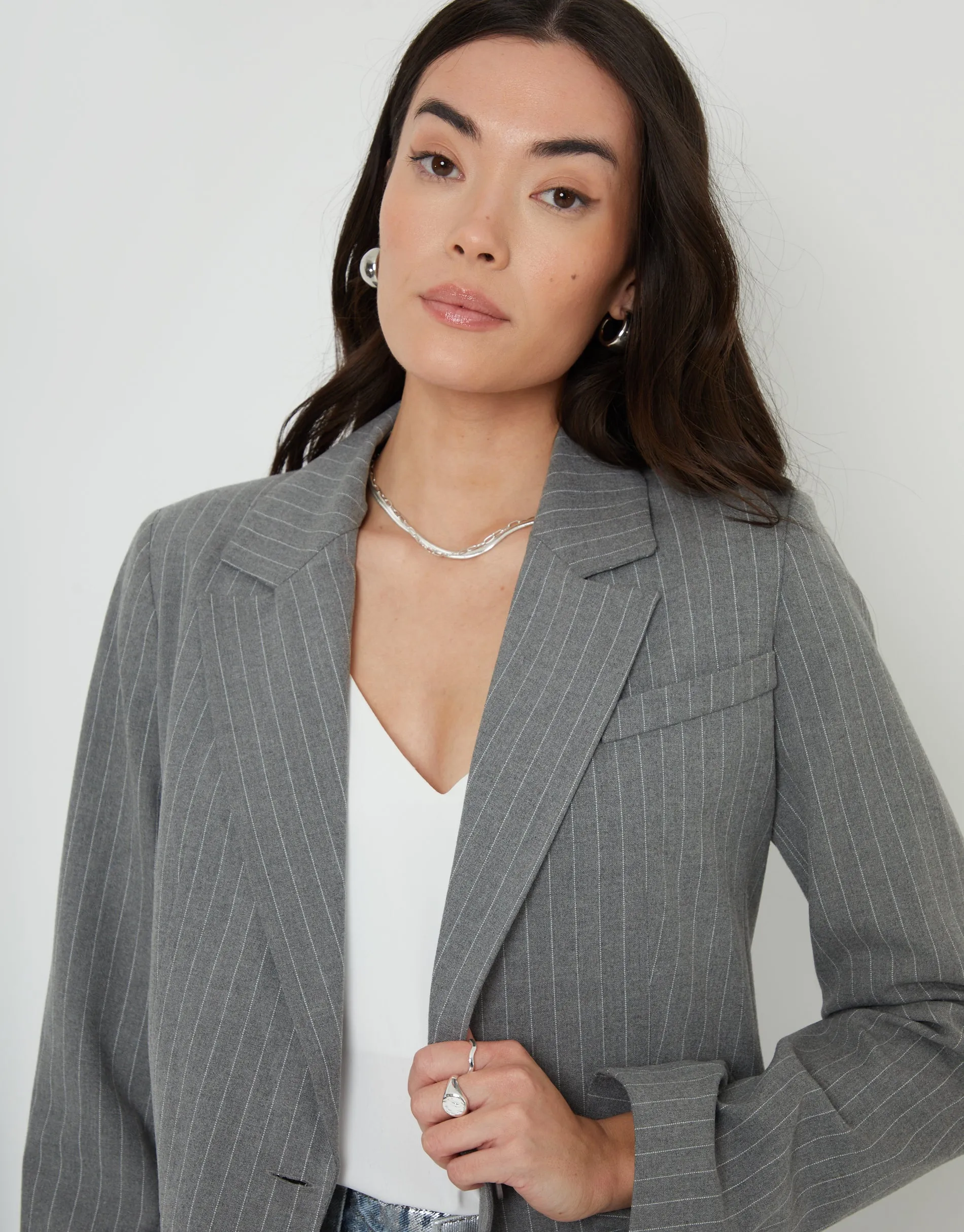 Women's Grey Pinstripe Lined Blazer sold by Threadbare product image thumbnail 4