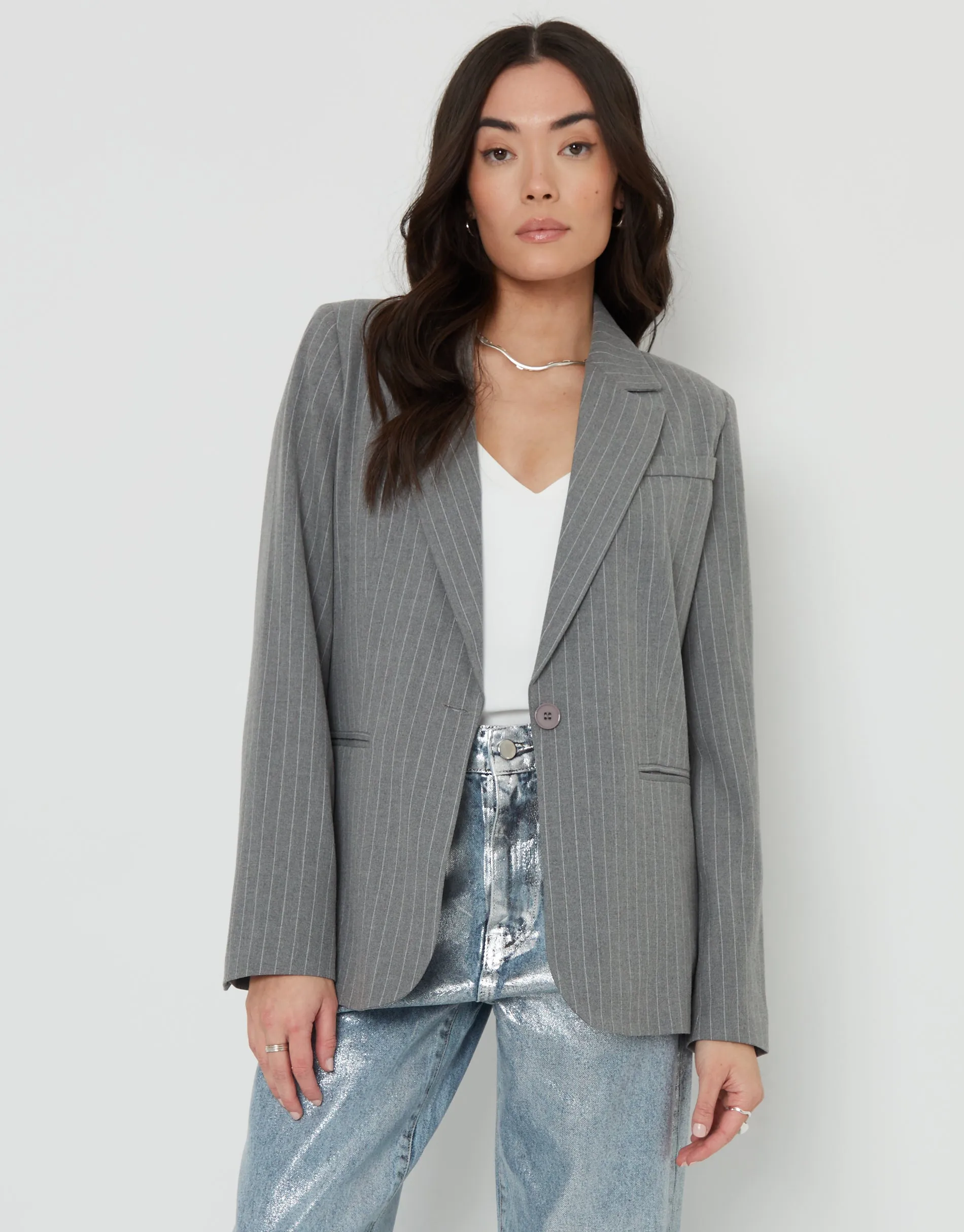 Women's Grey Pinstripe Lined Blazer sold by Threadbare