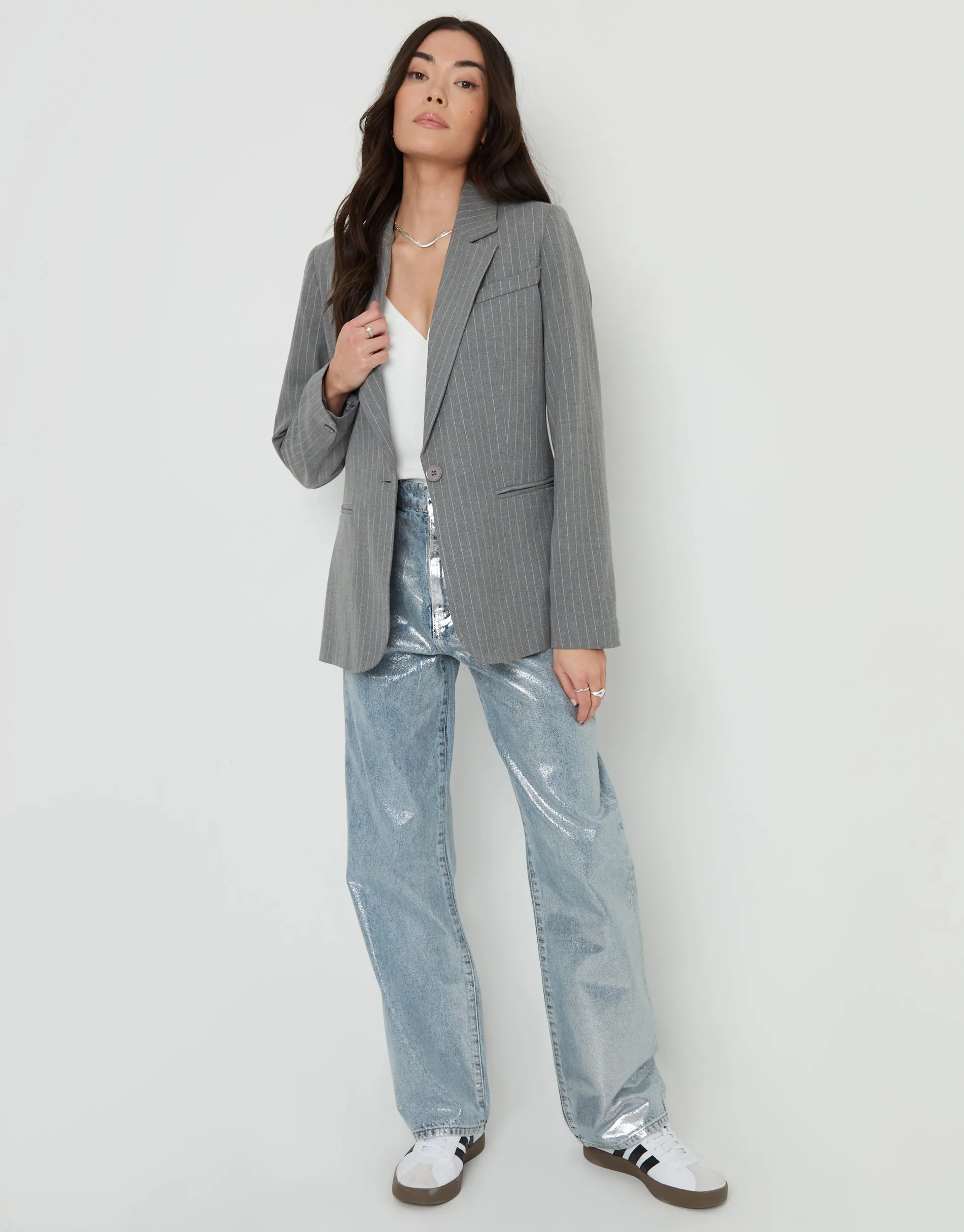 Women's Grey Pinstripe Lined Blazer sold by Threadbare product image thumbnail 3