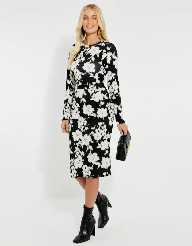 Women's Black & White Floral Ruched Midi Dress sold by Threadbare