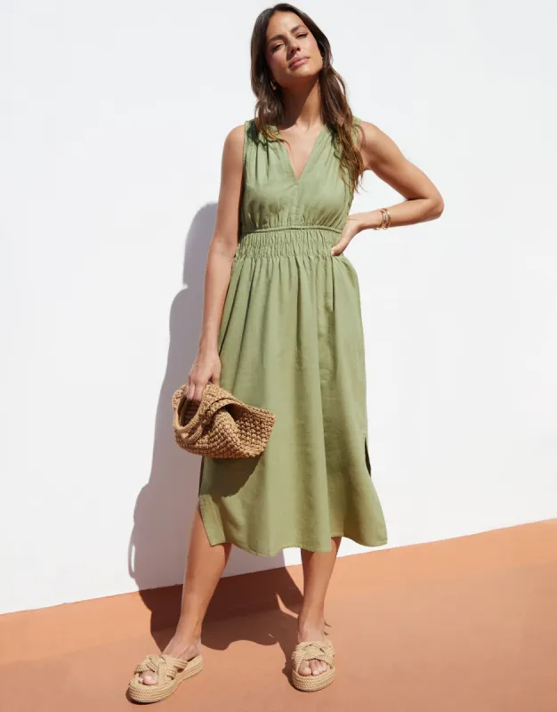 Women's Sage Linen Blend Ruched Midi Dress sold by Threadbare
