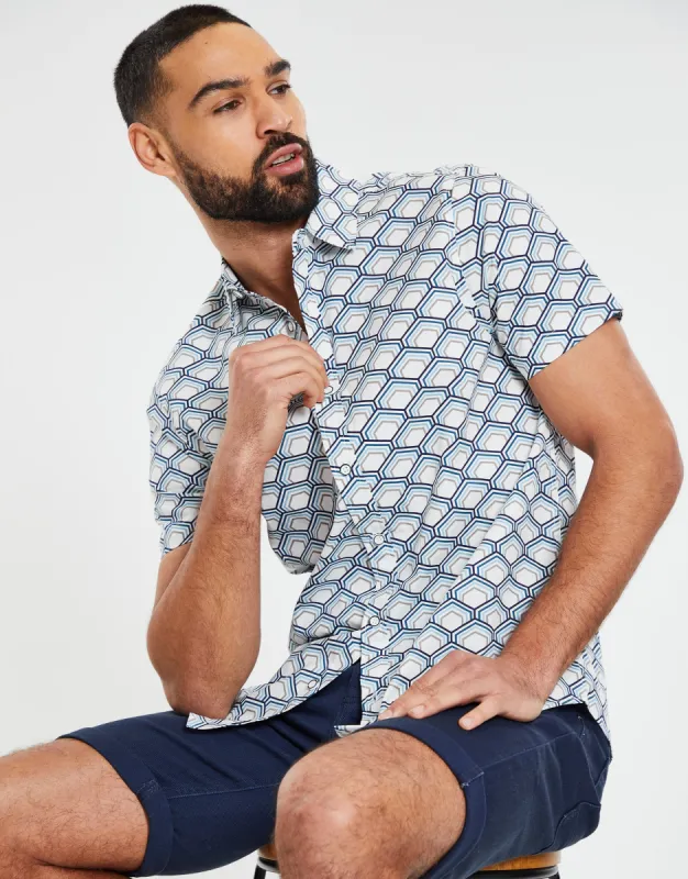 Men's White Geometric Print Short Sleeve Shirt sold by Threadbare