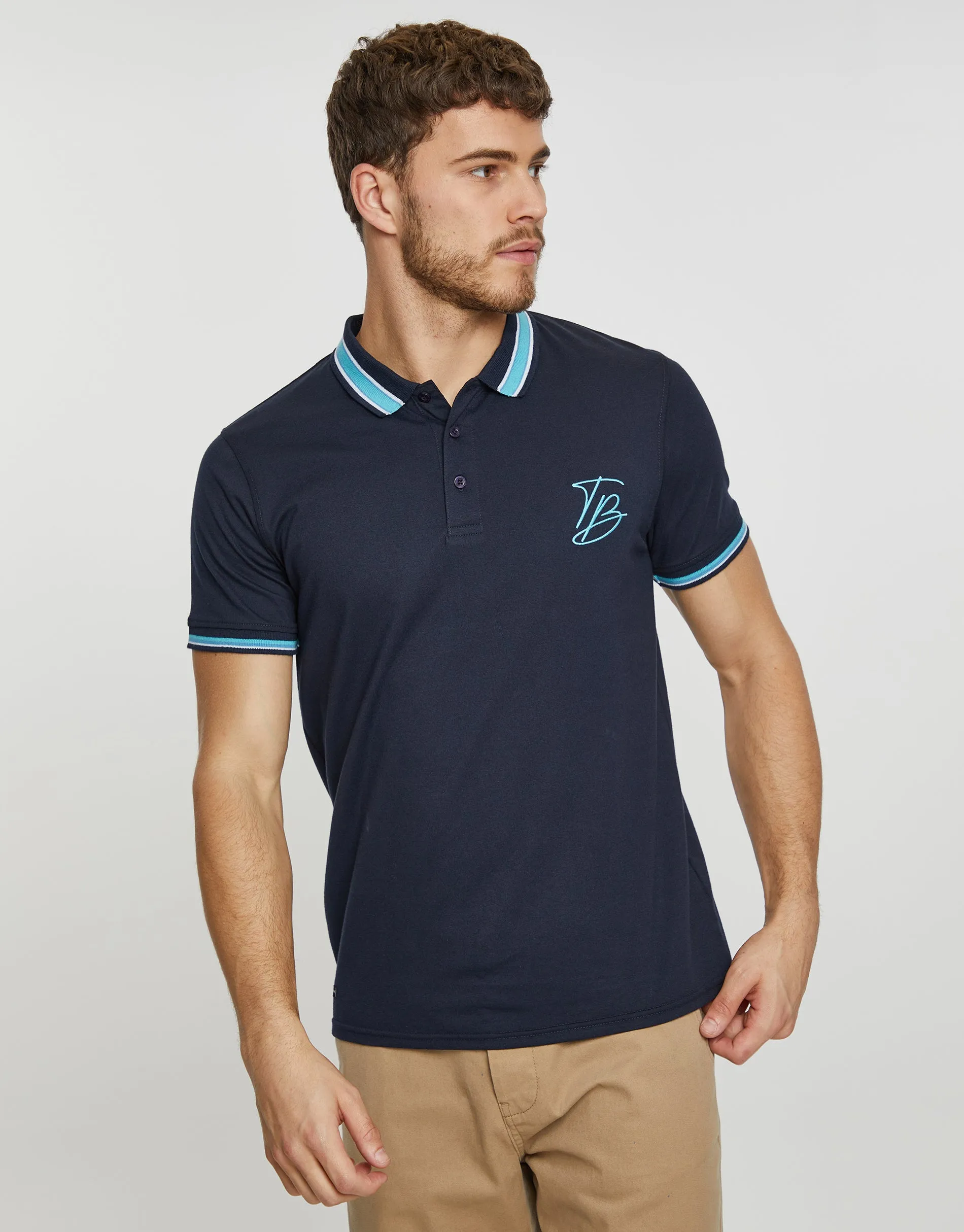 Men's Navy Contrast Collar Branded Polo Shirt sold by Threadbare