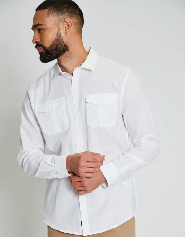 Men's White Linen Blend Twin Chest Pocket Long Sleeve Shirt sold by Threadbare