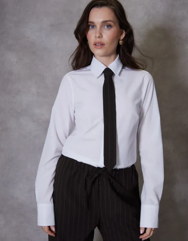 Women's White Long Sleeve Cropped Shirt with Tie sold by Threadbare