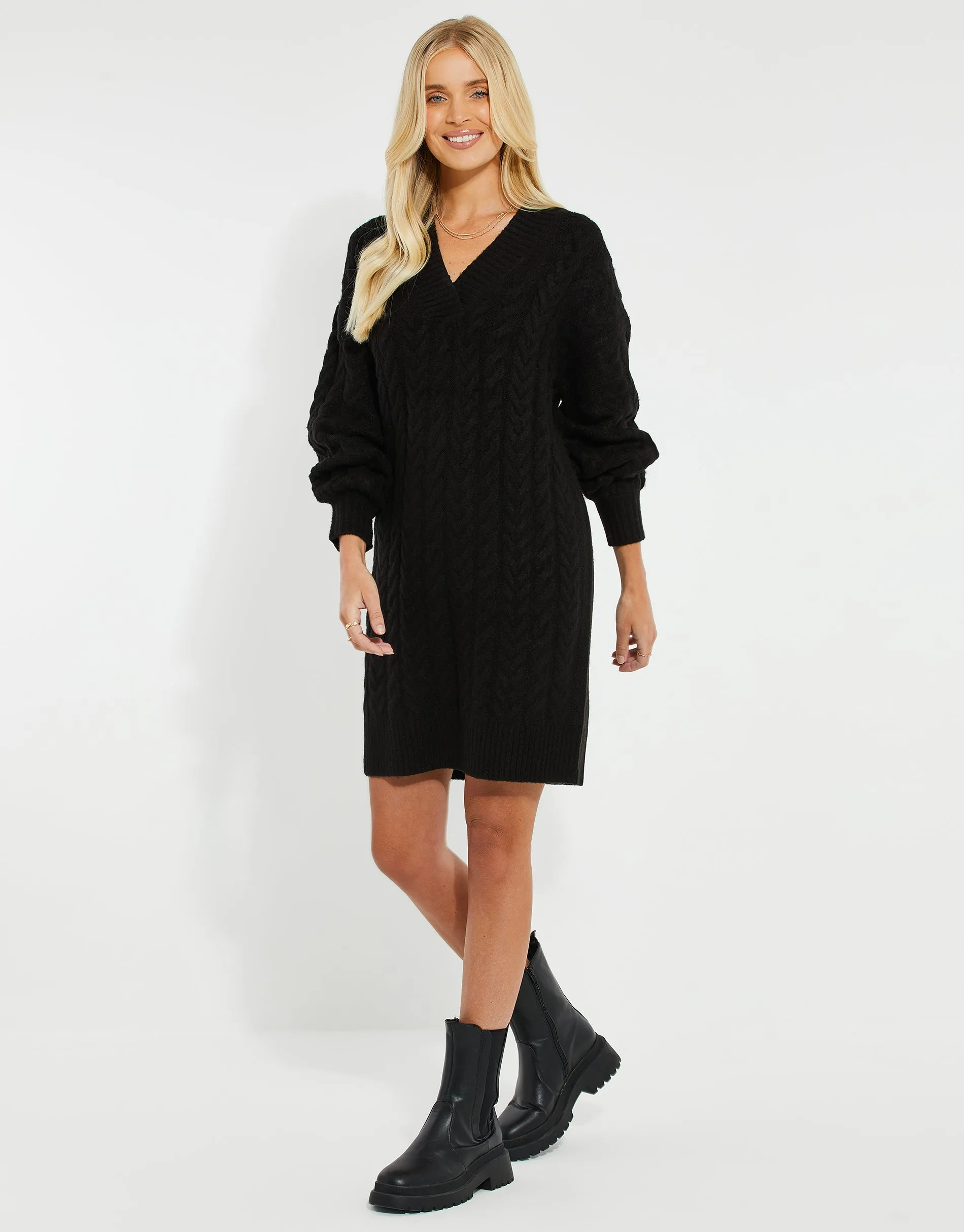 Women's Black Cable Knit V-Neck Jumper Dress sold by Threadbare