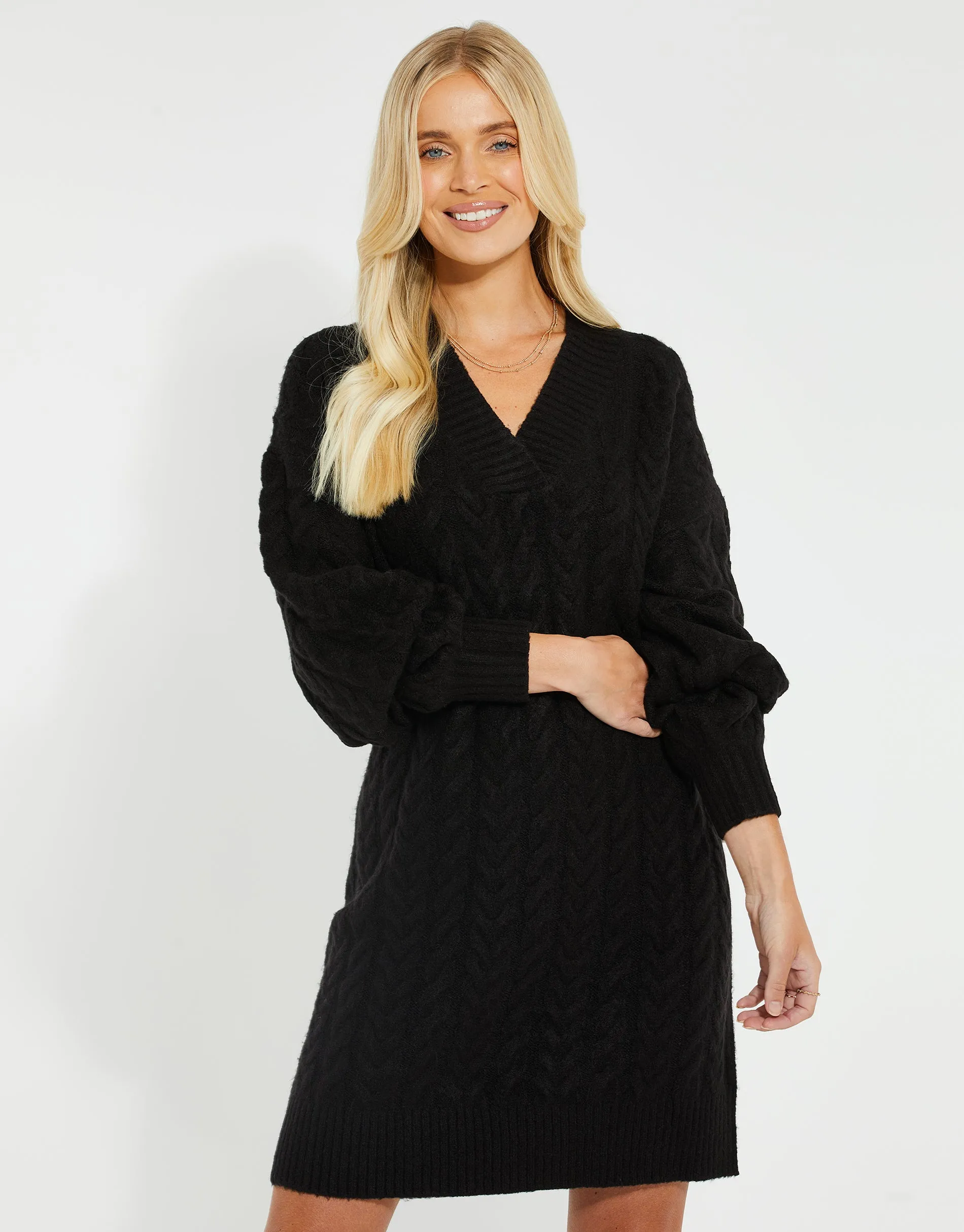 Women's Black Cable Knit V-Neck Jumper Dress sold by Threadbare product image thumbnail 3