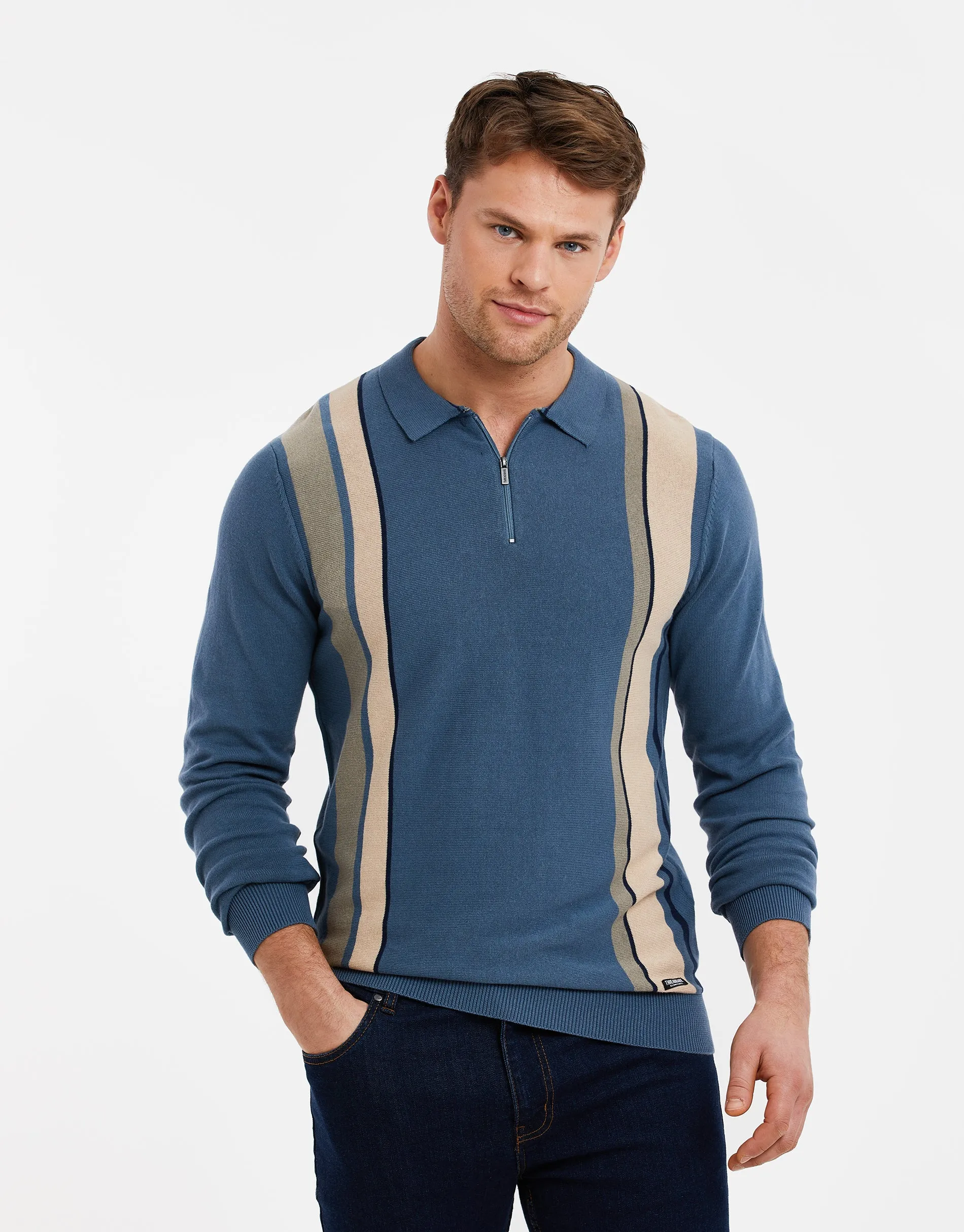 Men's Denim Blue Striped Quarter Zip Polo Jumper sold by Threadbare