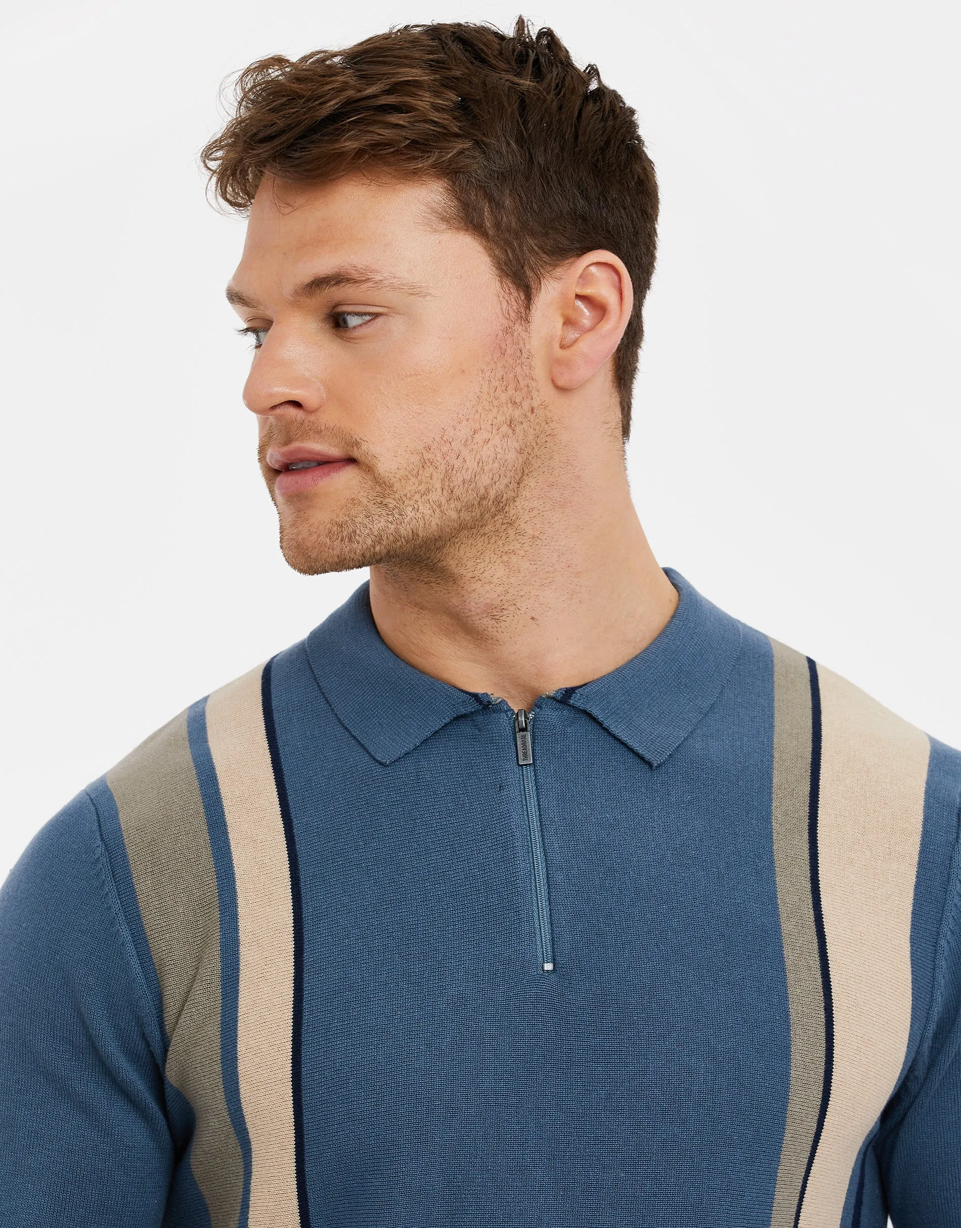 Men's Denim Blue Striped Quarter Zip Polo Jumper sold by Threadbare product image thumbnail 4