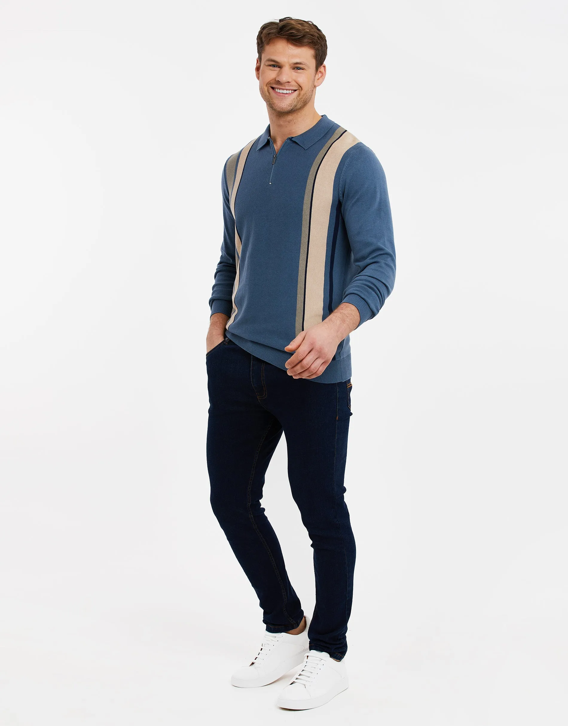 Men's Denim Blue Striped Quarter Zip Polo Jumper sold by Threadbare product image thumbnail 3