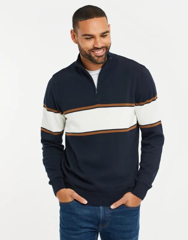 Men's Navy Colourblock Stripe Quarter Zip Jumper sold by Threadbare