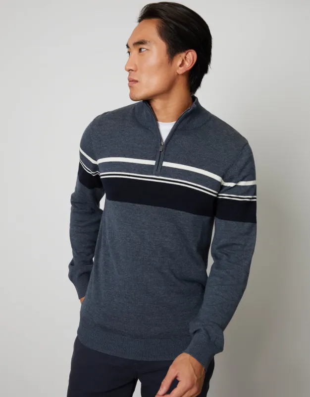 Men's Denim Marl Quarter Zip Colourblock Striped Knitted Jumper sold by Threadbare