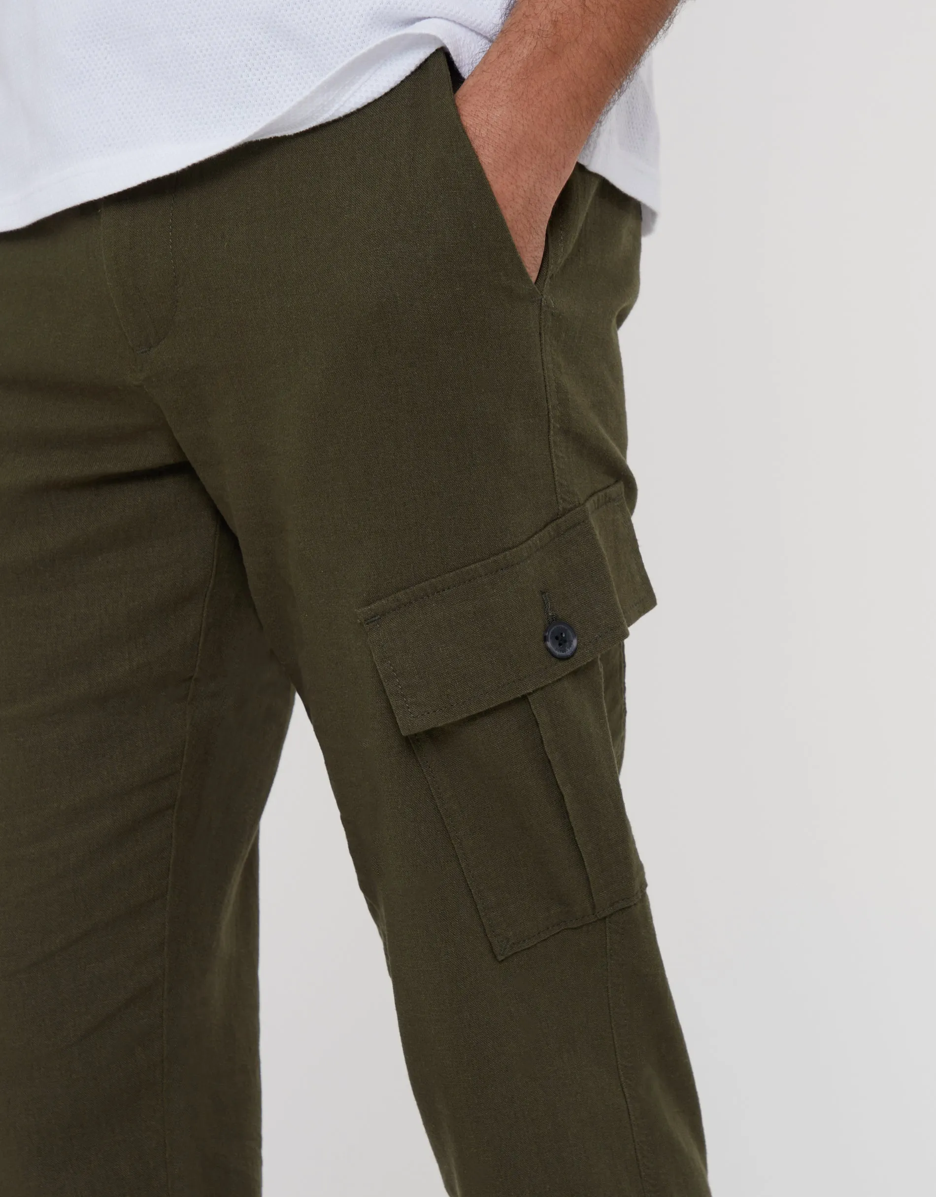 Khaki Green Linen Blend Cargo Trousers sold by Threadbare product image thumbnail 4