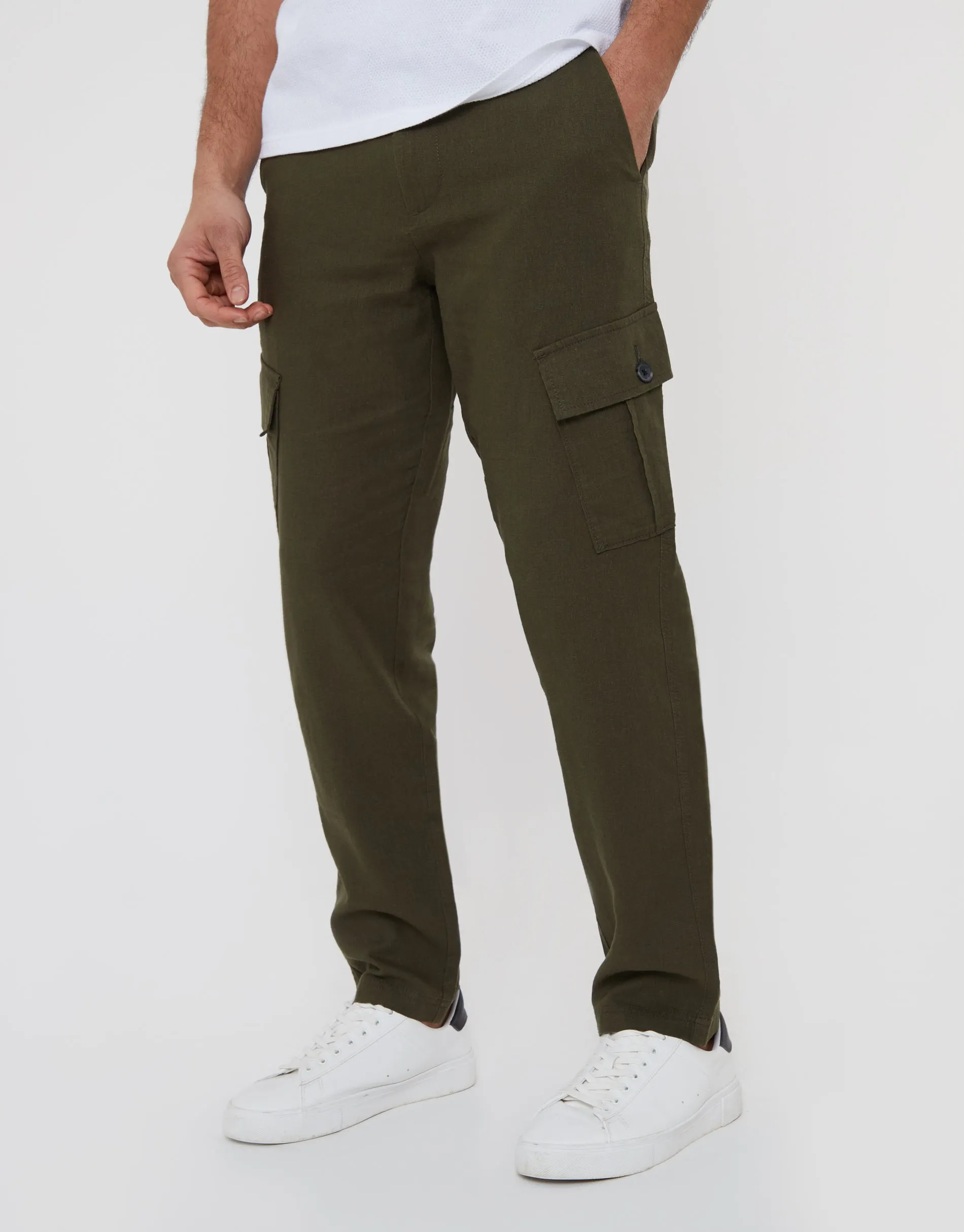 Khaki Green Linen Blend Cargo Trousers sold by Threadbare