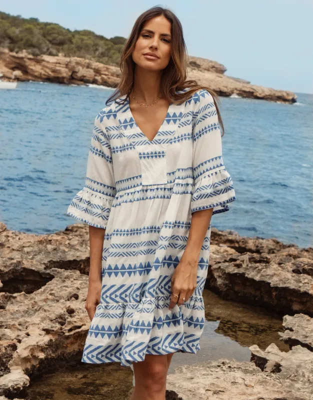 Women's White & Blue Embroidered Aztec V Neck Tiered Smock Dress sold by Threadbare