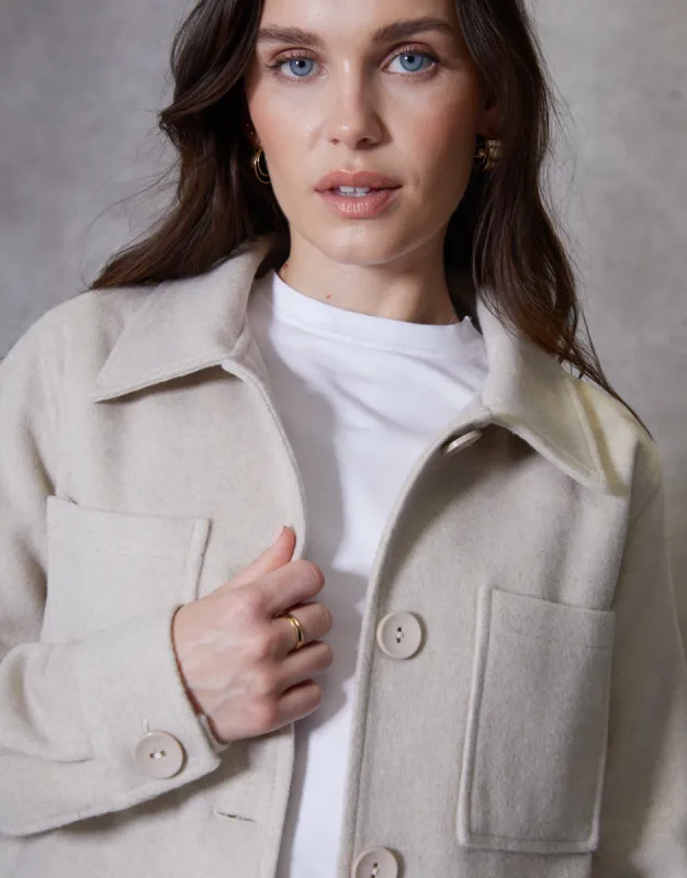 Women's Ecru Cropped Brushed Shacket sold by Threadbare