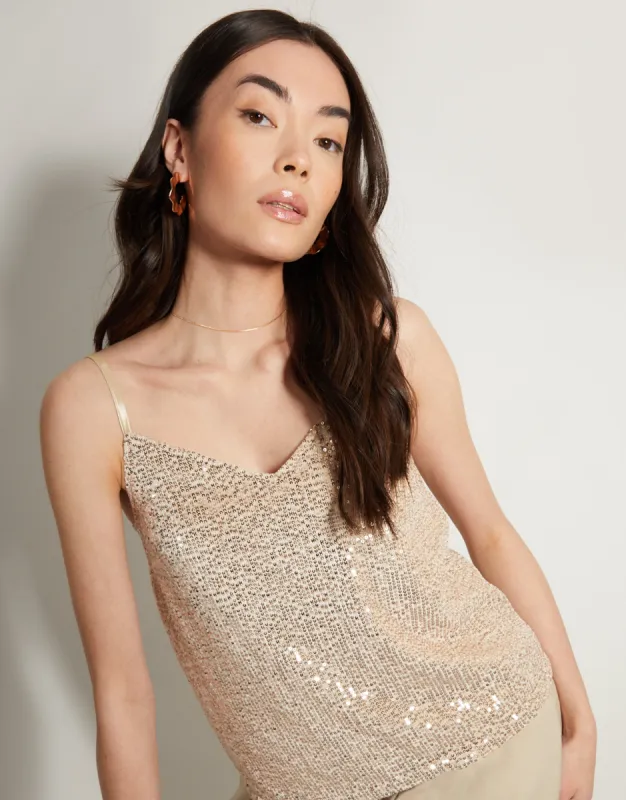 Women's Champagne Sequin V Neck Party Cami Vest Top sold by Threadbare