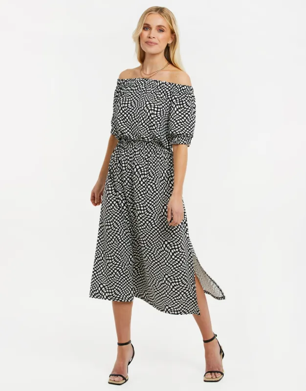 Women's Black Polka Dot Jersey Bardot Midi Dress sold by Threadbare