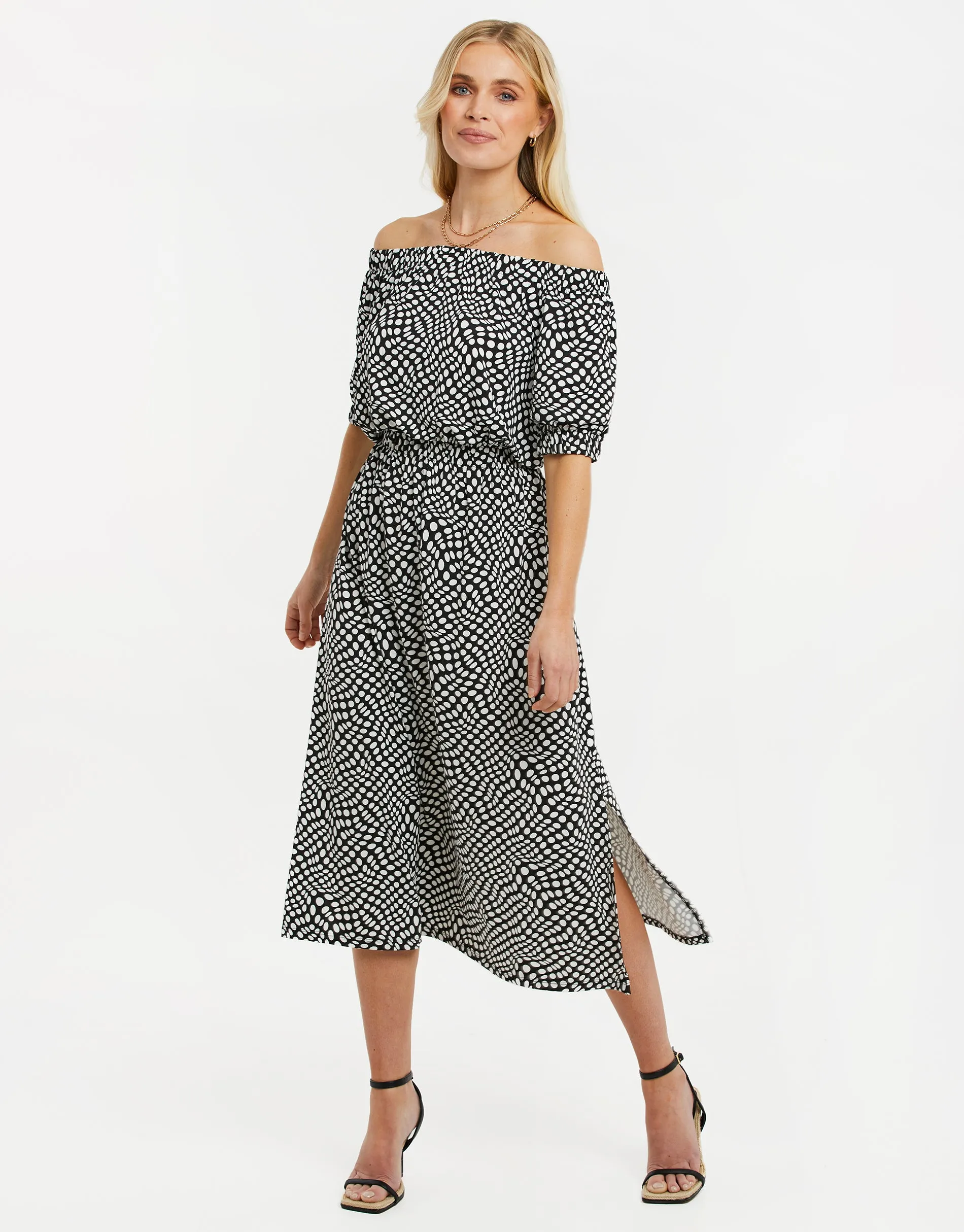 Women's Black Polka Dot Jersey Bardot Midi Dress sold by Threadbare