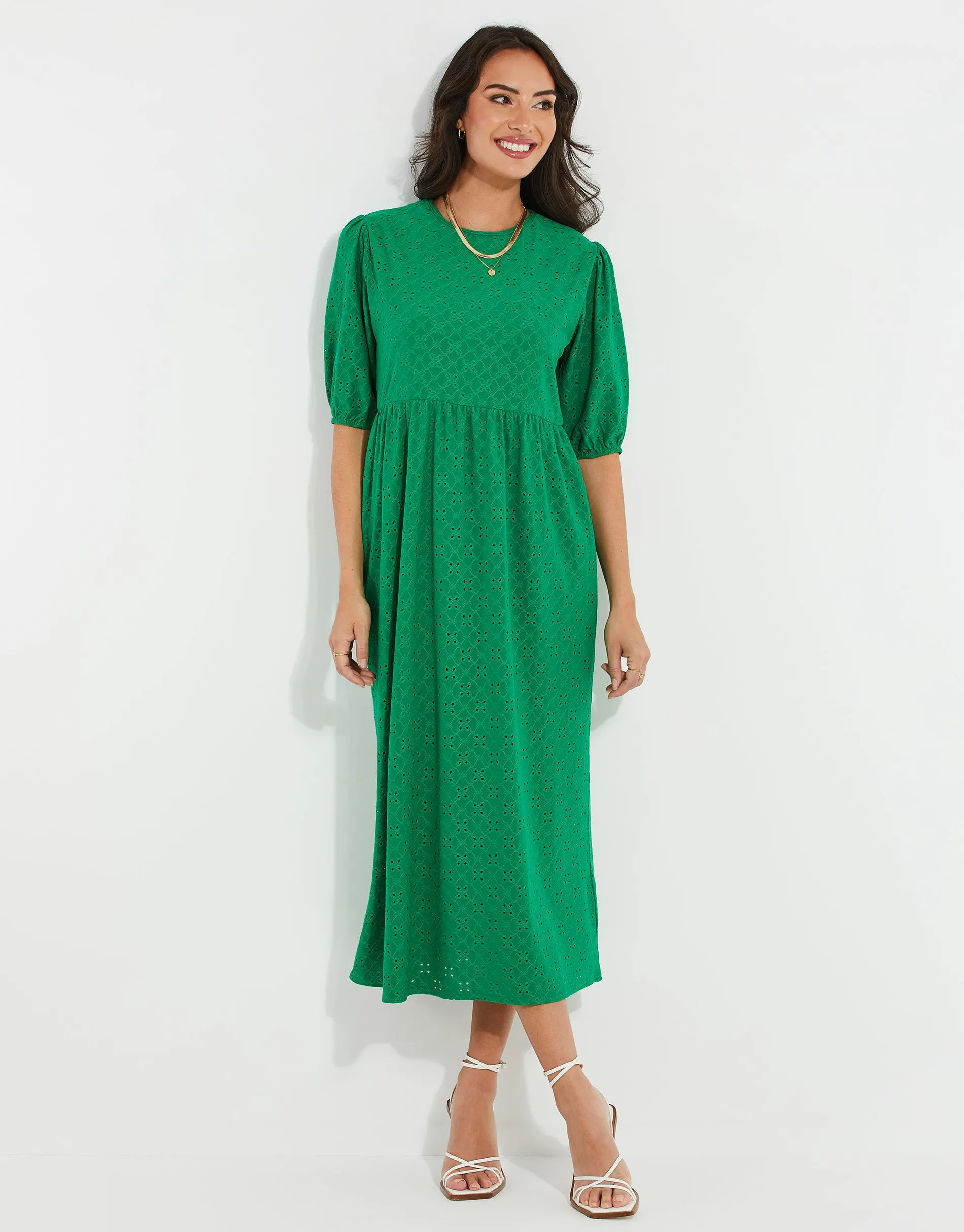 Women's Green Jersey Broderie Anglaise Dress sold by Threadbare