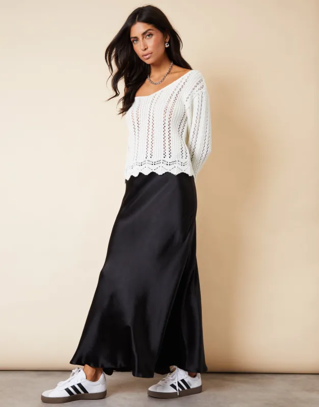 Women's Black Maxi Satin Slip Skirt sold by Threadbare