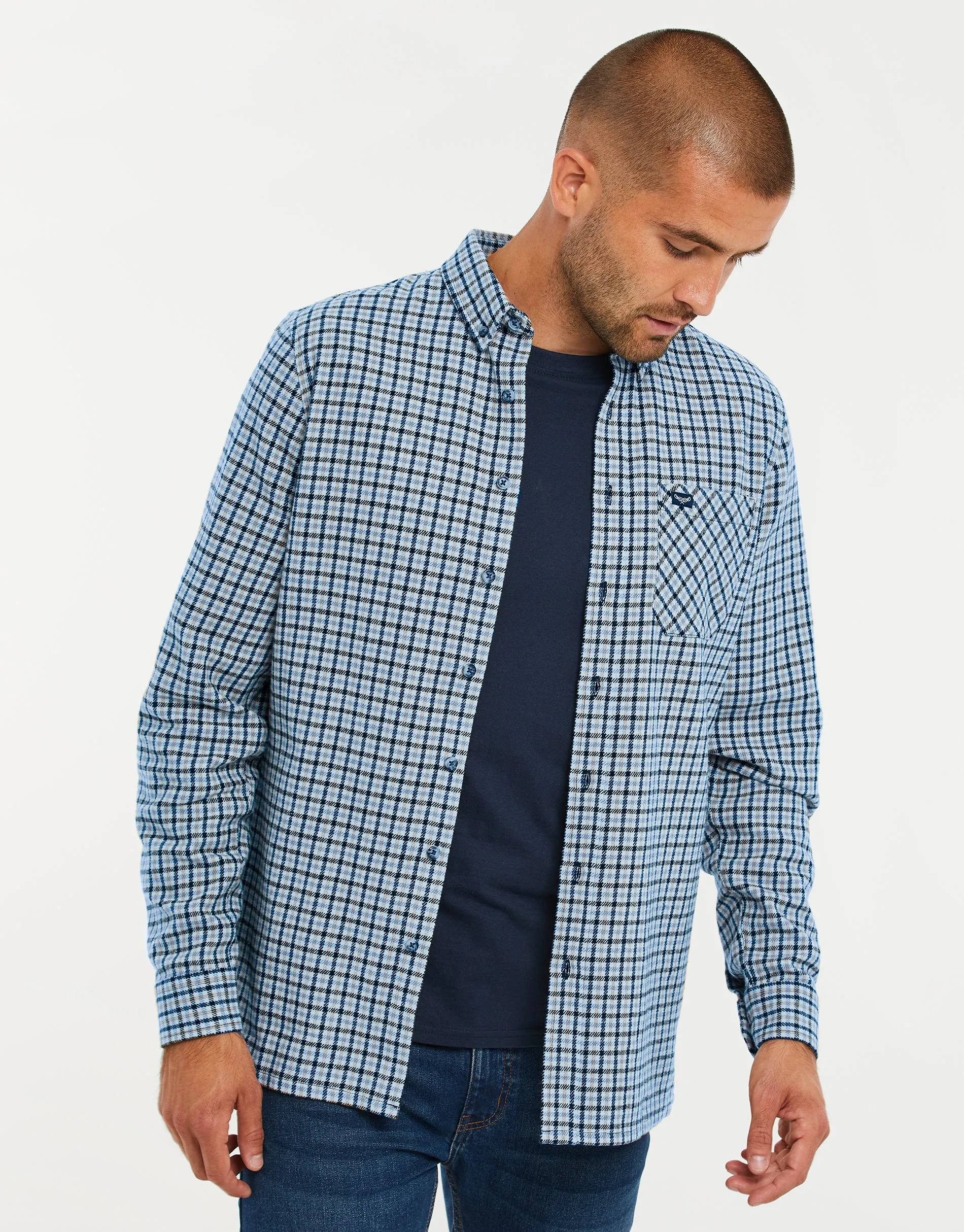 Men's China Blue Check Long Sleeve Shirt sold by Threadbare