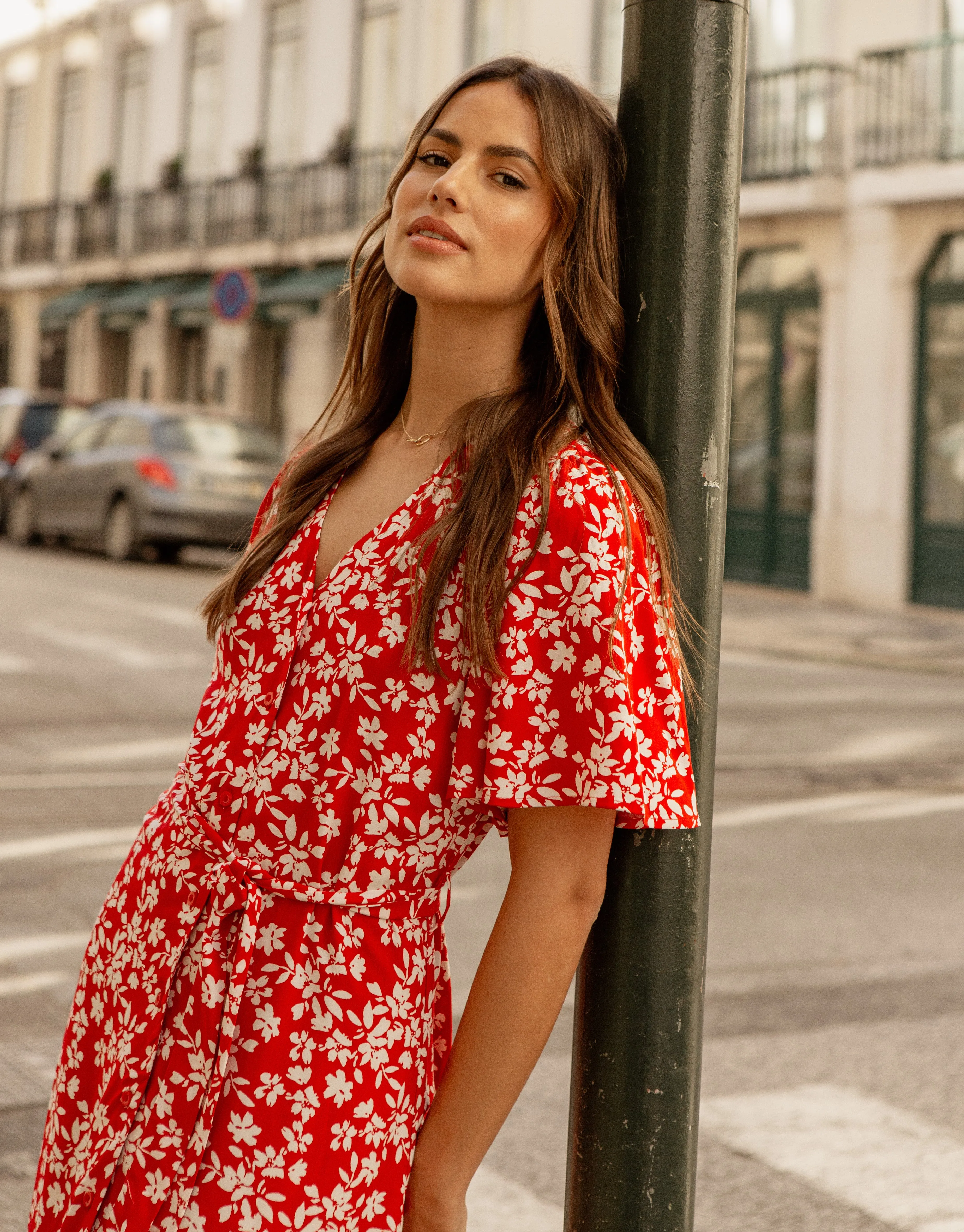 Women's Red Floral Print Flutter Sleeve Midi Dress sold by Threadbare product image thumbnail 4