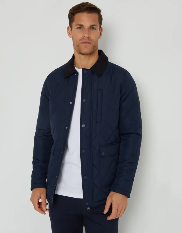 Men's Navy Showerproof Diamond Quilted Collared Jacket sold by Threadbare