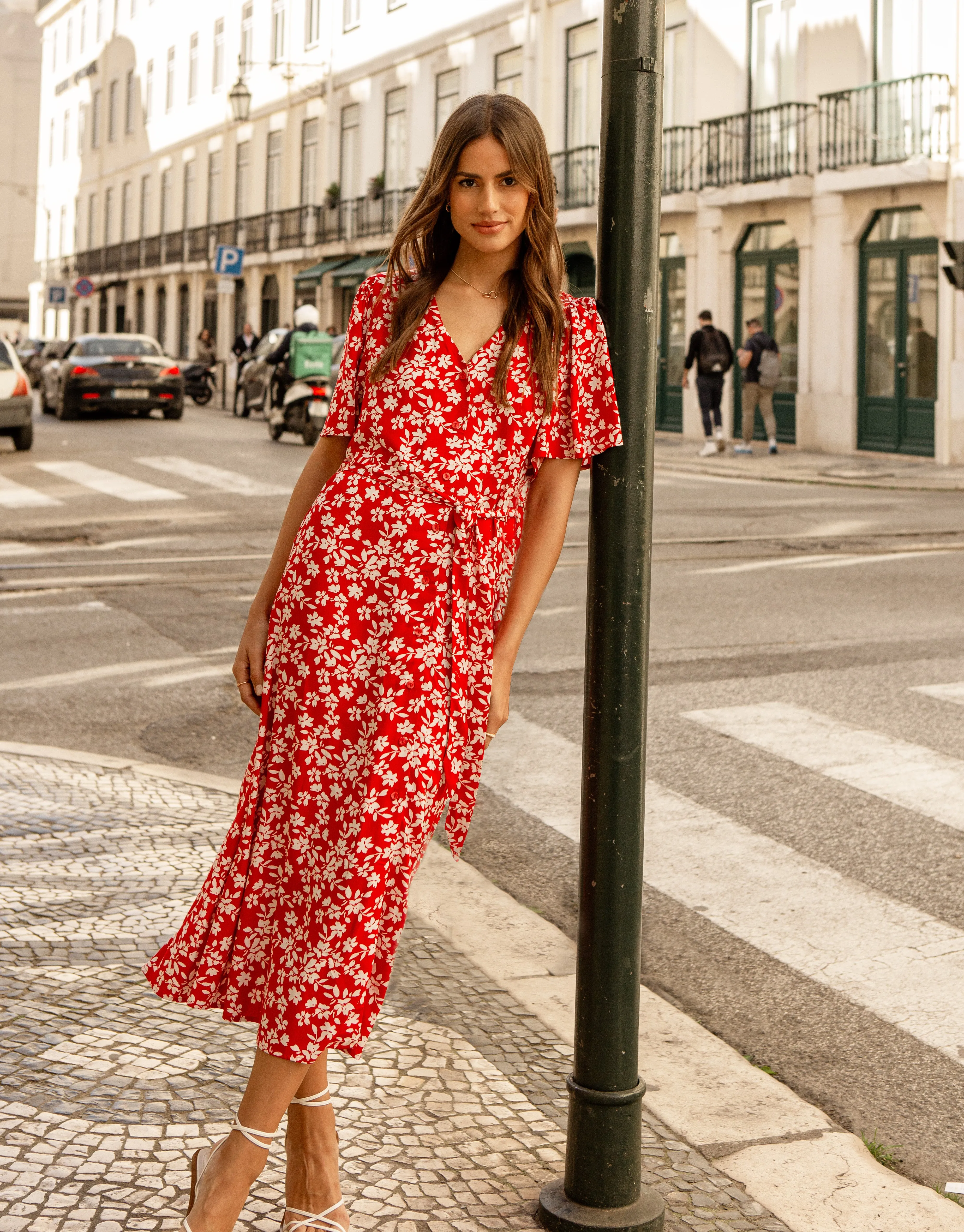 Women's Red Floral Print Flutter Sleeve Midi Dress sold by Threadbare