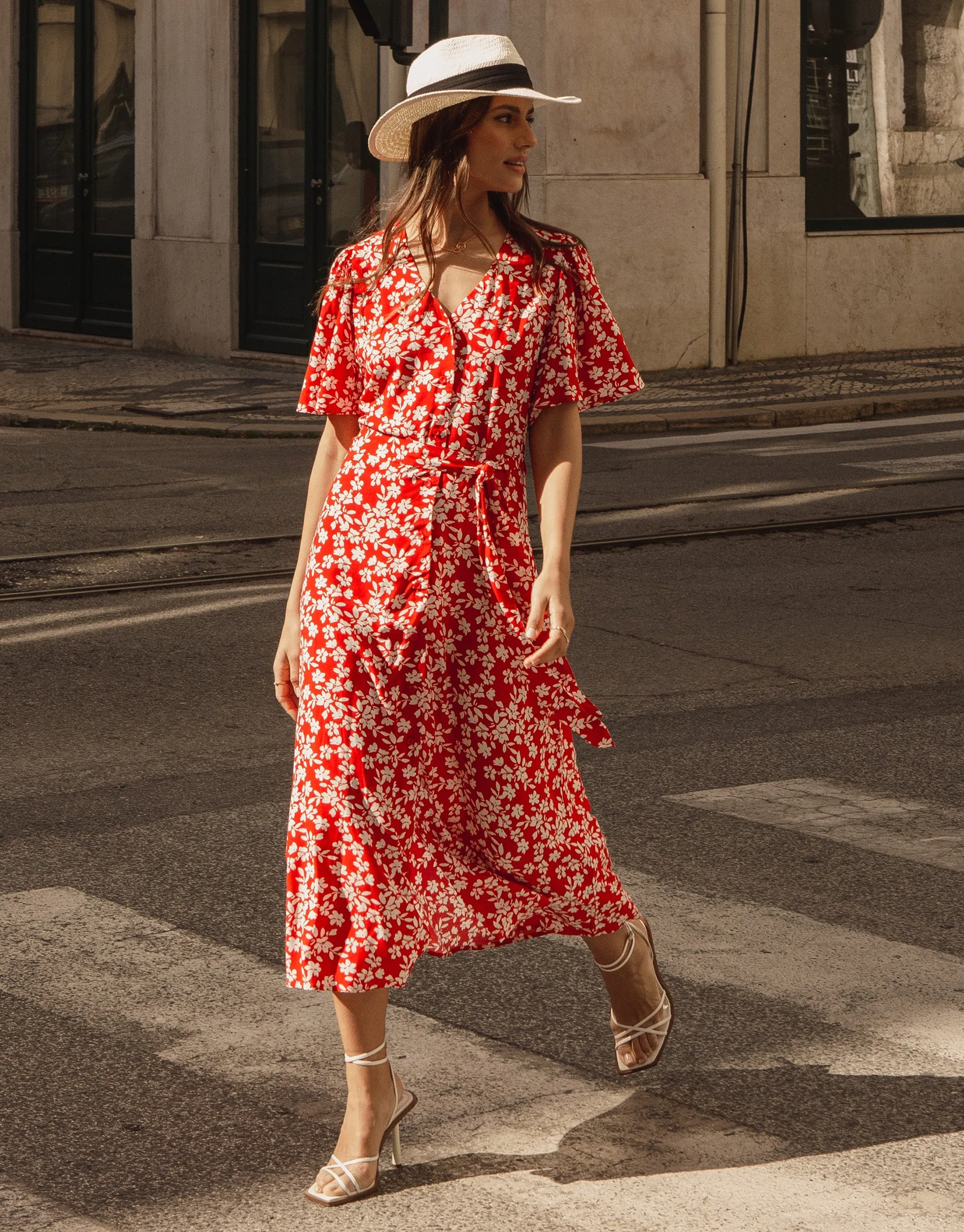 Women's Red Floral Print Flutter Sleeve Midi Dress sold by Threadbare product image thumbnail 3