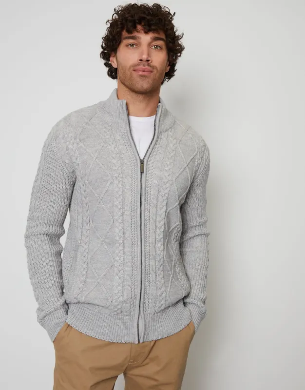 Men's Grey Marl Cable Knit Zip Up Cardigan sold by Threadbare