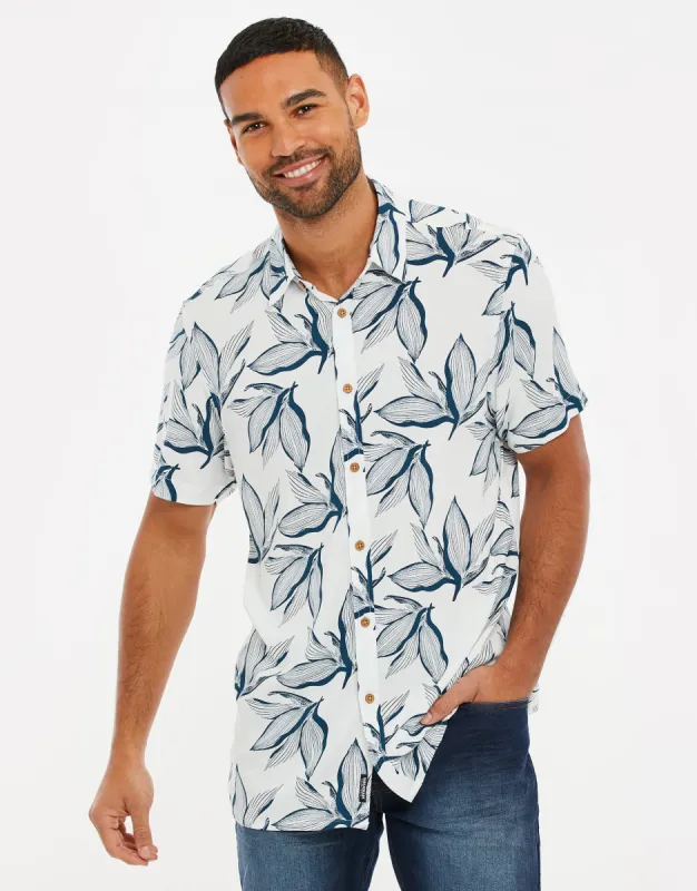 Men's Off White Leaf Print Short Sleeve Shirt sold by Threadbare