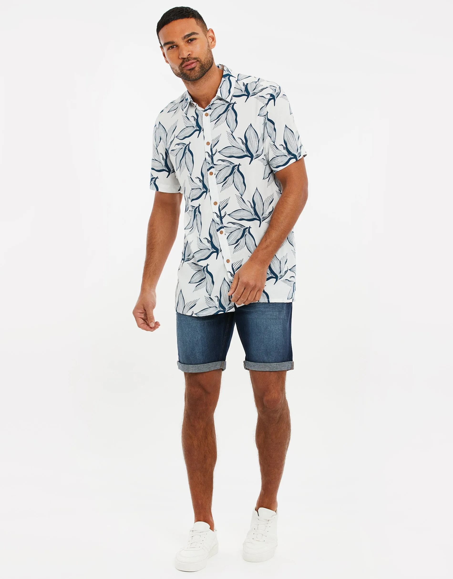 Men's Off White Leaf Print Short Sleeve Shirt sold by Threadbare product image thumbnail 3