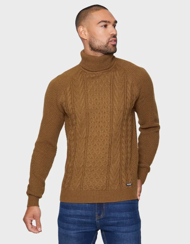 Men's Catechu Wood Roll Neck Cable Knit Jumper sold by Threadbare